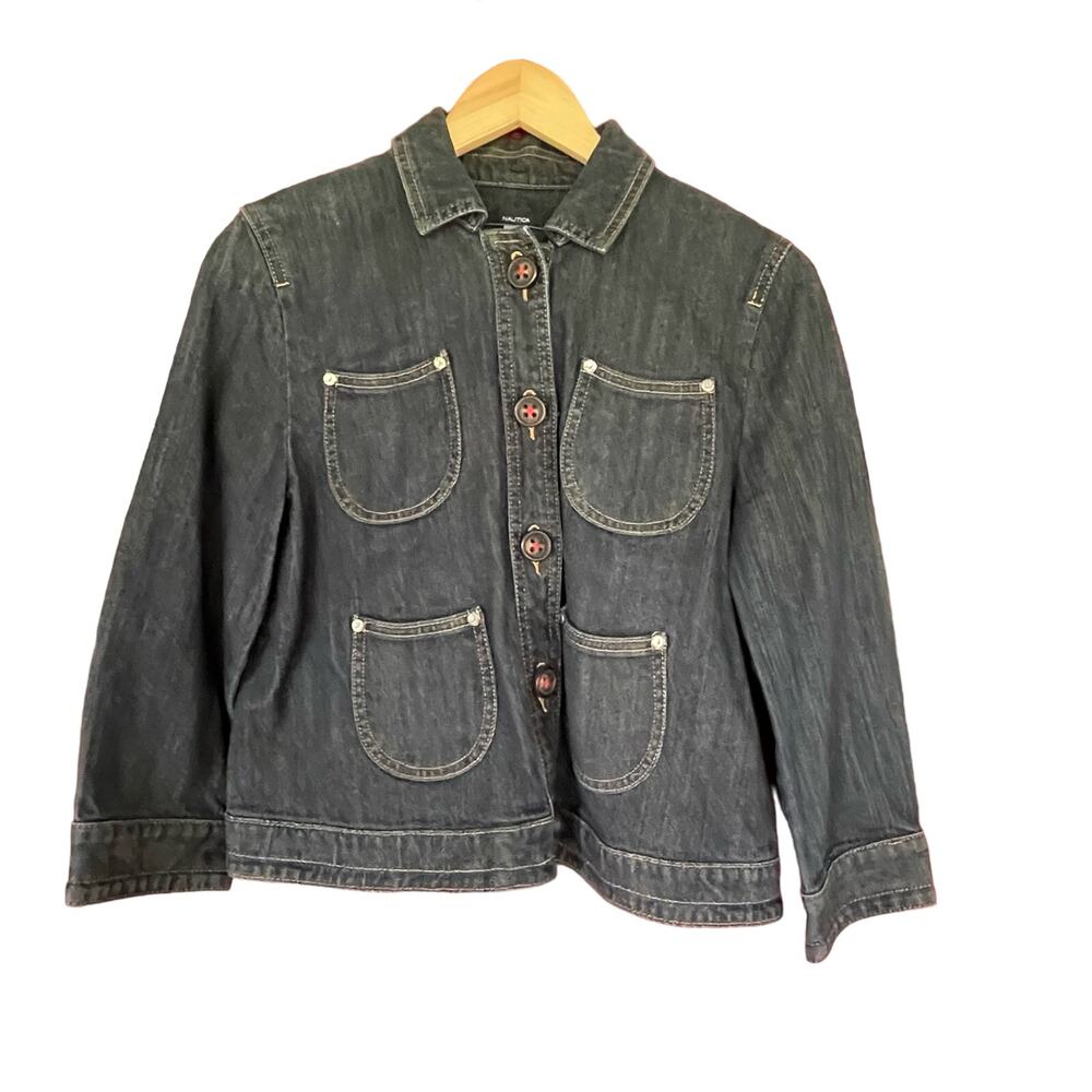 Nautica Denim Jacket Womens Sz Medium 3/4 Sleeve Stretch Utility Pockets Y2K